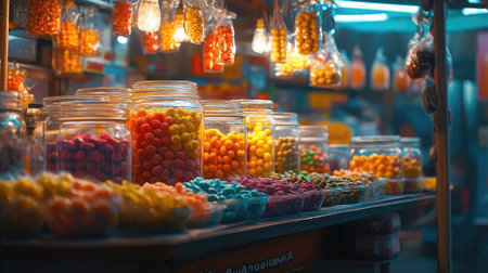 A vibrant candy display captured at a night market, featuring jars filled with colorful sweets. This visually appealing scene evokes fun and indulgence.の素材