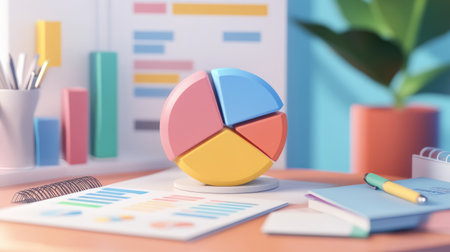 A vibrant pie chart on a modern desk, surrounded by stationery and visual data tools, representing business analysis and creative workspace themes.の素材
