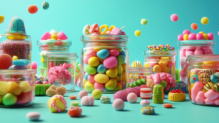 A vibrant display of various candy jars filled with colorful treats on a bright background. Perfect for showcasing sweetness and joy in photography.の素材