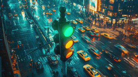 A dynamic urban nighttime scene featuring a green traffic light amidst heavy city traffic, showcasing vibrant movement from taxis and cars on wet streets.の素材