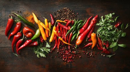 An eye-catching display of various fresh chili peppers and aromatic spices on a rustic wooden background, ideal for food-related themes and culinary projects.の素材