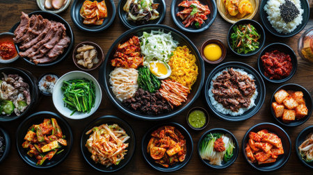 A vibrant spread of various Asian dishes, showcasing an array of colors and textures, perfect for food lovers and culinary enthusiasts.の素材