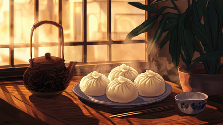 A cozy still life featuring steaming dumplings on a wooden table, accompanied by a teapot, creating a warm and inviting atmosphere perfect for a meal.の素材