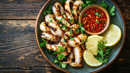 Enjoy the vibrant flavors of grilled squid served with a spicy sauce and fresh lemon wedges, perfect for a gourmet dining experience or casual meal.の素材