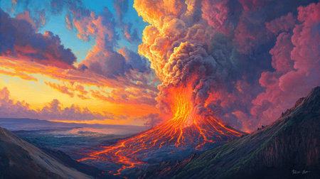 A stunning view of an erupting volcano showcasing vibrant lava flow, dramatic clouds, and a colorful sunset over a mountainous landscape.の素材