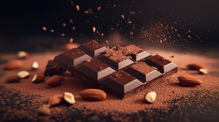 A captivating closeup of a rich chocolate bar topped with almonds and sprinkled cocoa dust, perfect for showcasing indulgent desserts and snacks.の素材