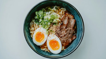A vibrant bowl of ramen featuring tender noodles, succulent meat, soft boiled eggs, and fresh scallions, garnished with sesame seeds for a delightful meal.の素材