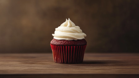 A close-up view of a delicious red velvet cupcake with smooth cream frosting, perfect for dessert lovers and special occasions. Enjoy the rich flavor!の素材
