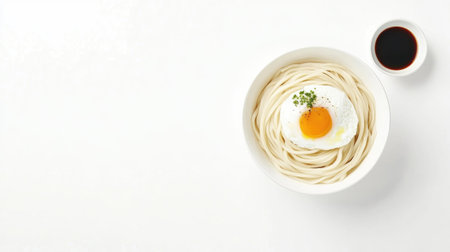 A visually appealing bowl of fresh noodles topped with a perfectly fried egg, served alongside a small dish of sauce. Ideal for food lovers.の素材