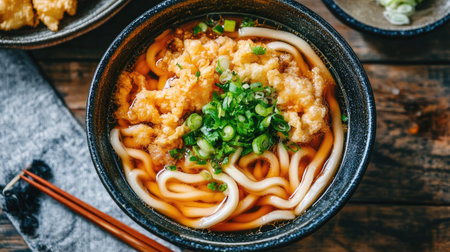 A vibrant bowl of udon noodle soup topped with crispy tempura and fresh green onions. Perfect for food lovers seeking warmth and comfort in a delicious meal.の素材