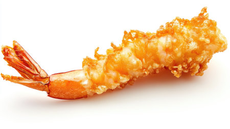 Enjoy a crispy fried shrimp, perfectly breaded and golden, ideal for appetizers or gourmet dishes. A delicious seafood snack for any occasion.の素材