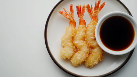 Fresh cooked crispy shrimp served with a savory dipping sauce, perfect for appetizers or a quick snack. Ideal for culinary presentations and food lovers.の素材