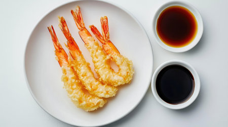 Enjoy a mouthwatering serving of shrimp tempura, perfectly fried to a golden crisp, served with savory dipping sauces for a delightful culinary experience.の素材