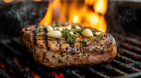 A juicy grilled steak garnished with garlic and herbs, sizzling over an open flame. Perfect for culinary enthusiasts seeking delicious recipes.の素材