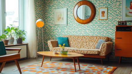 A stylish vintage living room featuring retro decor, patterned wallpaper, and natural light, perfect for showcasing cozy home aesthetics and furniture design.の素材