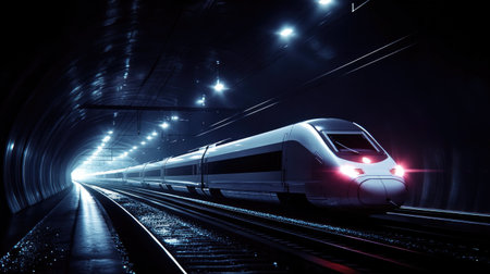 A high-speed train rushes through a dark tunnel, illuminated by bright lights ahead. The image captures the essence of modern travel and technological advancement.の素材