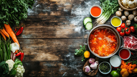 A beautifully arranged assortment of fresh vegetables and ingredients for cooking, showcasing vibrant colors and natural textures on a rustic wooden table.の素材