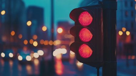 A vibrant red traffic light stands tall at dusk, casting a warm glow. Blurred vehicles move in the background, creating an urban nighttime ambiance.の素材
