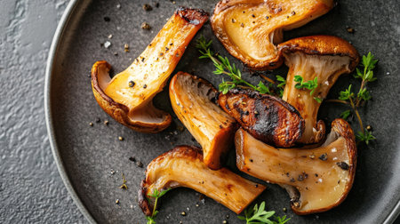 Savory grilled mushrooms served on a dark plate, garnished with fresh thyme and spices. A perfect ingredient for healthy and gourmet cuisine.の素材