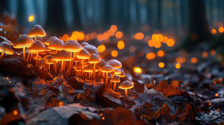 A breathtaking display of glowing mushrooms illuminates a mystical forest floor, surrounded by fallen leaves, creating a serene and enchanting atmosphere.の素材