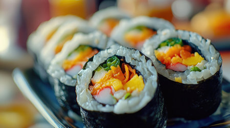 A close-up of fresh sushi rolls artfully arranged on a plate. These vibrant Japanese delicacies feature various ingredients and textures, perfect for dining.の素材