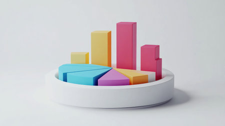 This vibrant 3D chart showcases various data visualizations, ideal for business analysis and presentations. Perfect for illustrating growth and performance.の素材