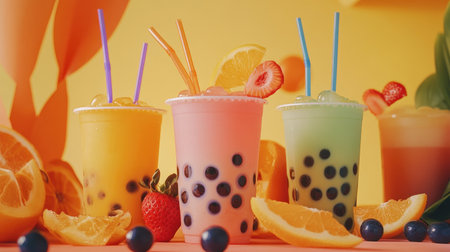 Enjoy a vibrant display of colorful drinks featuring fruit garnishes and bubbles, perfect for summer parties or refreshing desserts.の素材