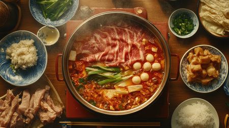 A vibrant hot pot featuring an array of fresh ingredients, including vegetables, meat, and spices. Perfect for communal dining and comforting meals.の素材