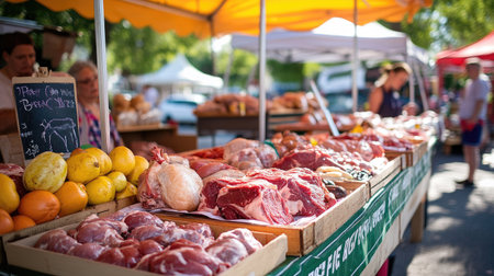 A lively market stall displaying an array of fresh meats and produce. This vibrant setting captures the essence of local shopping, community, and seasonal ingredients.の素材