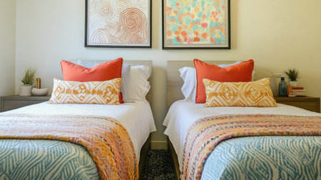This image showcases a cozy twin bedroom featuring colorful decor and stylish wall art. The inviting space is perfect for relaxation and comfort.の素材