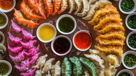 A stunning display of assorted dumplings in vibrant colors surrounded by various dipping sauces. Perfect for culinary events or food photography.の素材