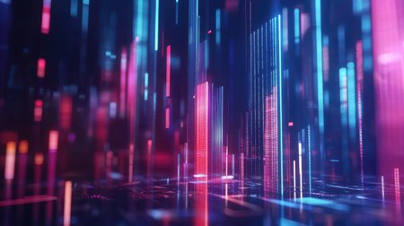 Explore this vibrant abstract digital visualization background featuring bright neon lights and dynamic patterns, perfect for technology and innovation themes.の素材