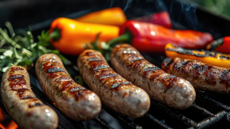 Savor the aroma of grilled sausages alongside vibrant peppers on the BBQ. Ideal for summer gatherings and outdoor meals, this image captures culinary delight.の素材