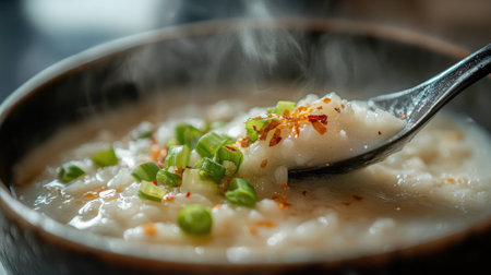 A steaming bowl of rice porridge garnished with fresh herbs, offering a cozy meal perfect for breakfast or any time. Enjoy the creamy comfort!の素材
