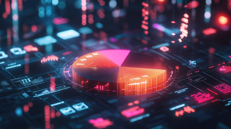 A vibrant digital pie chart surrounded by intricate data visuals, showcasing analytics and technology trends. Perfect for business and finance concepts.の素材