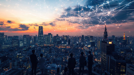 A stunning urban skyline at sunset, showcasing modern architecture and digital network connections, capturing the essence of innovation and exploration.の素材