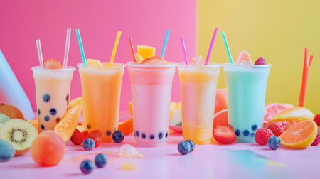 A vibrant display of smoothie drinks in various colors, surrounded by fresh fruits. Perfect for summer vibes and healthy lifestyle themes, appealing and refreshing!の素材