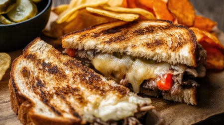 A mouthwatering grilled sandwich filled with melted cheese, peppers, and beef, accompanied by crunchy chips and pickles on a rustic wooden board.の素材
