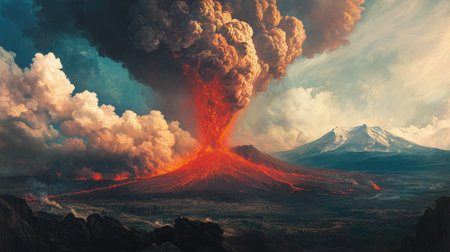 A stunning image of a volcano erupting with vibrant lava flow and dramatic clouds. Captures the raw power and beauty of nature in motion.の素材