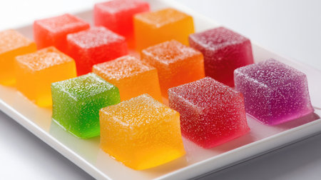 A visually appealing arrangement of colorful gelatin cubes set on a white plate. These vibrant, shiny treats offer a fun and delicious snack option, perfect for parties or casual gatherings.の素材