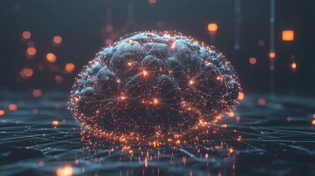 This abstract digital artwork represents a brain made of glowing connections, symbolizing networked intelligence and the future of technology in science.の素材