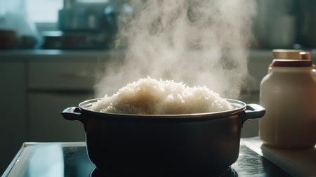 A pot of freshly cooked rice releases steam, creating a cozy kitchen atmosphere. Perfect for showcasing home cooking and healthy meals.の素材