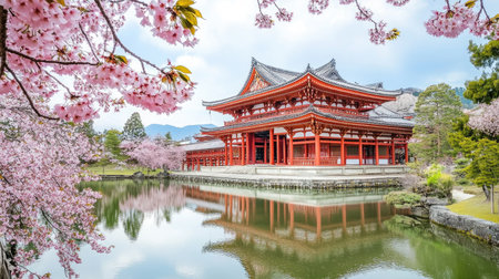 A stunning view of a traditional Japanese temple surrounded by vibrant cherry blossoms, reflecting in calm waters, showcasing the beauty of springtime tranquility.の素材