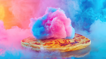 A whimsical dessert featuring colorful cotton candy atop a golden pancake, surrounded by vibrant smoke, creating a playful and festive atmosphere.の素材