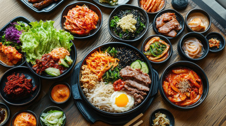A richly arranged display of Korean dishes featuring vibrant bowls of rice, vegetables, and beef, showcasing the diverse flavors and colors of traditional cuisine.の素材