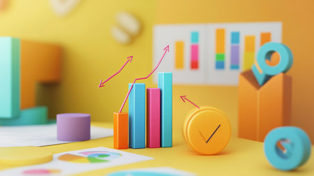 Bright and colorful representation of growth charts with abstract shapes and symbols on a workspace, showcasing data analysis and business progress creatively.の素材