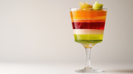 A vibrant layered dessert showcasing colorful gelatin and fresh fruit served in an elegant glass bowl. Perfect for parties and celebrations.の素材