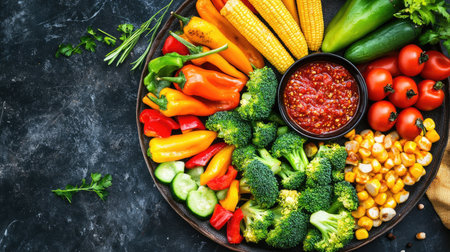 A vibrant arrangement of fresh vegetables including corn, broccoli, and peppers served with a savory dip on a rustic wooden table, perfect for healthy meals.の素材