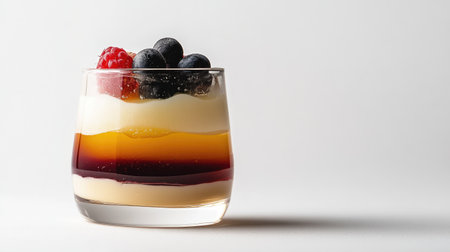 A vibrant layered dessert served in a glass, featuring creamy layers and fresh berries, perfect for highlighting indulgence in culinary photography.の素材