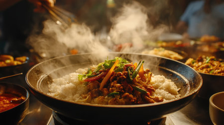 A delicious stir-fry dish served over fluffy rice, surrounded by colorful vegetables. Steam rises, creating an inviting aroma perfect for dinner.の素材